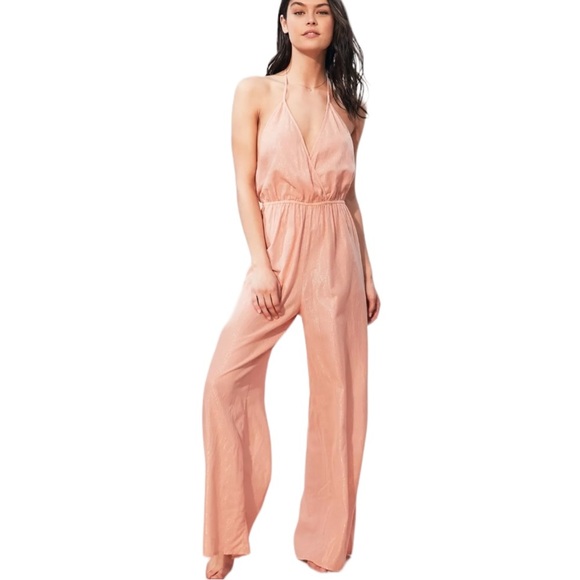 Urban Outfitters Winona Peach Metallic Gold Striped Halter Wide Leg Jumpsuit - L - Picture 16 of 16